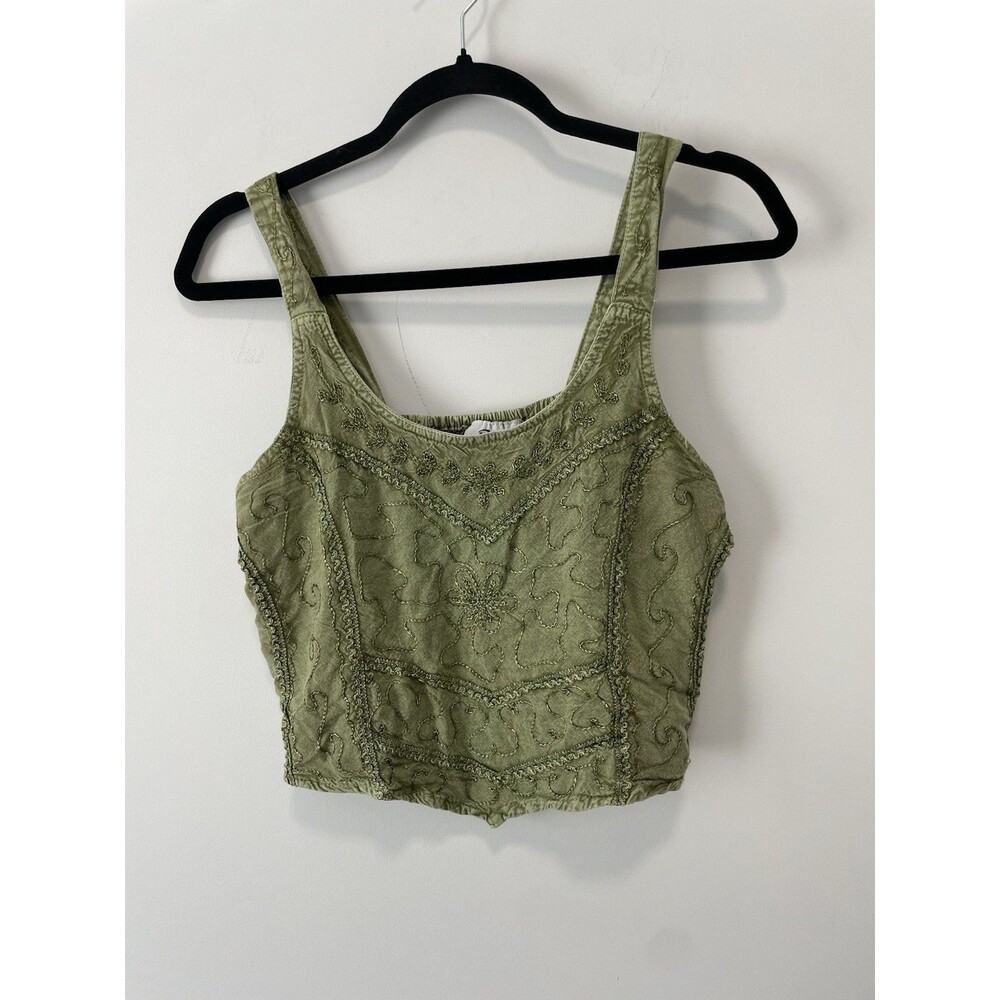 Rhea Boho Embroidered Green Crop Tank Top Blouse Hippie Festival One Size